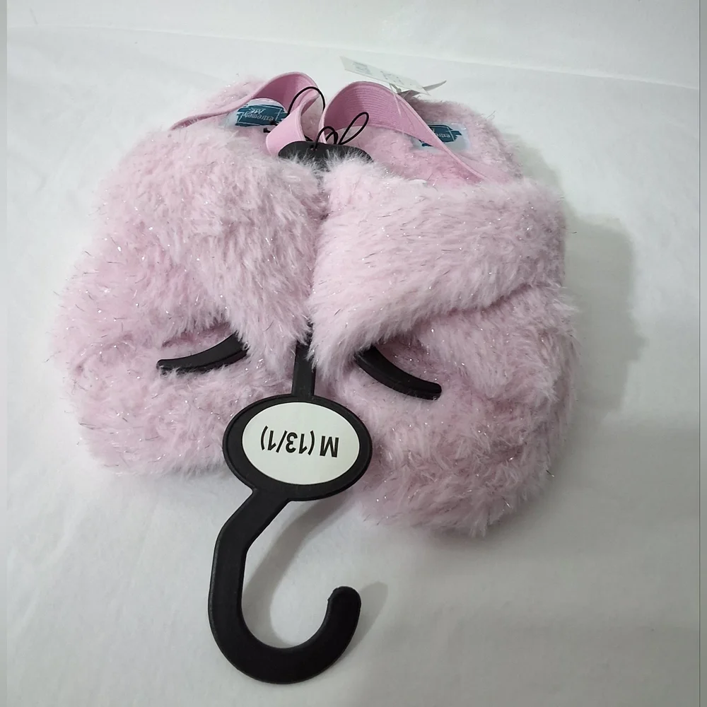 Girls Pink Fuzzy Plush Criss Cross Two Band Slippers, Size M(13/1), New With Tag